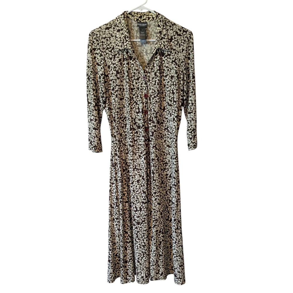 Bisou Bisou Black and Cream Button-Front Long Sleeve Midi Dress